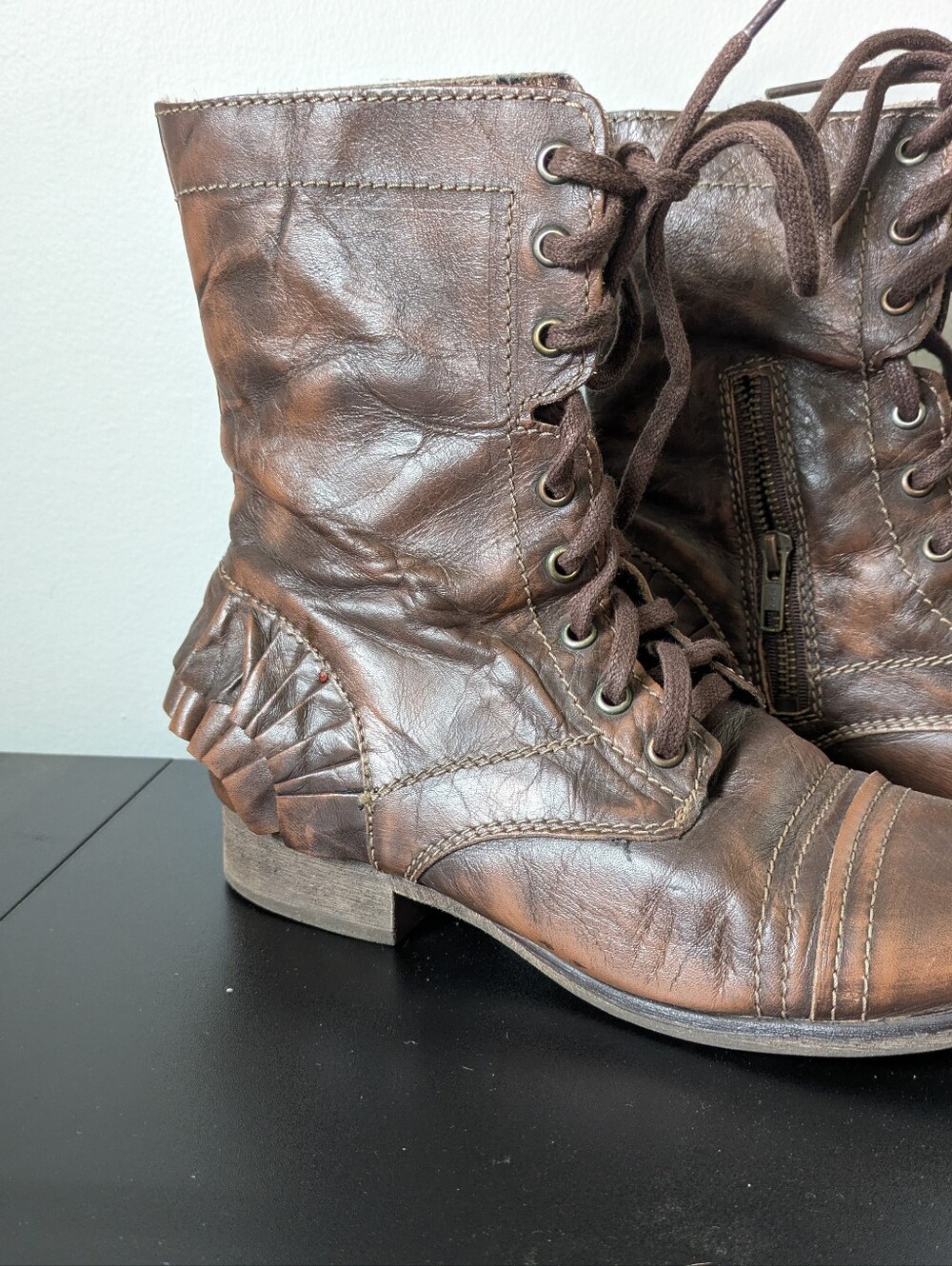 Betsey Johnson Vintage Distressed Brown Leather Combat Boots with Fringe Heel - Picture 3 of 10